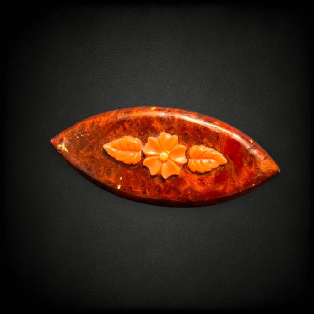 Vintage 1930s Bakelite Floral Brooch Amber Marbled Pin